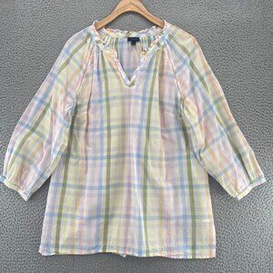 Talbots Top Women Large White Multi Plaid 3/4 Raglan Sleeve Cotton Ruffle V Neck
